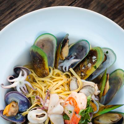 Plate with linguine pescatora.