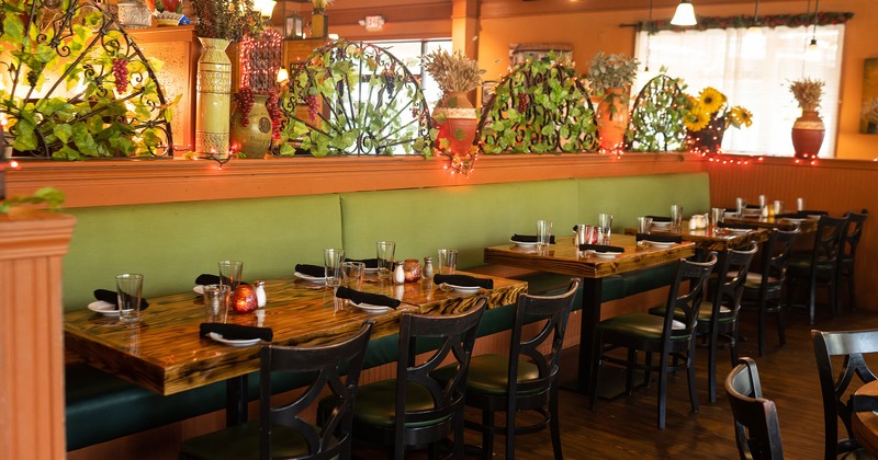 Restaurant interior, set dining tables lined up