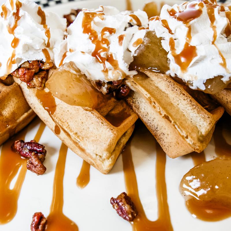 menu item 11 of 33, Caramel Apple Pecan Waffles