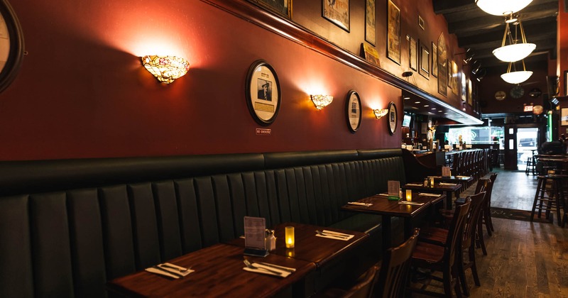 Interior, long leather banquette seating, decoration