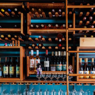 Bar area, wine shelves