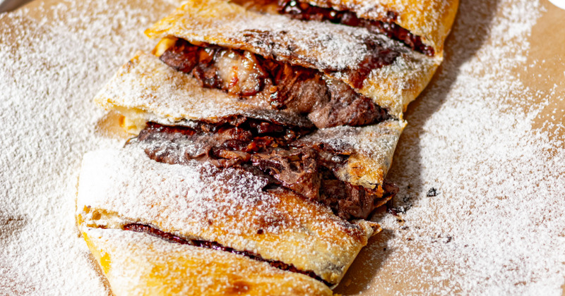 Calzone cut into slices closeup