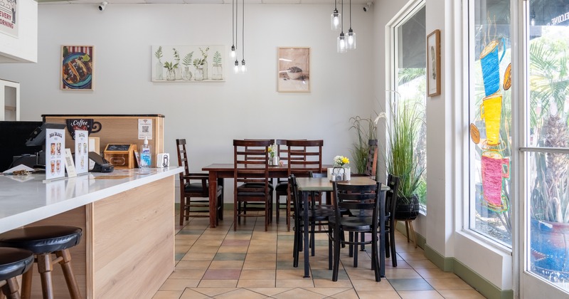 Interior, tables, chairs, food counter