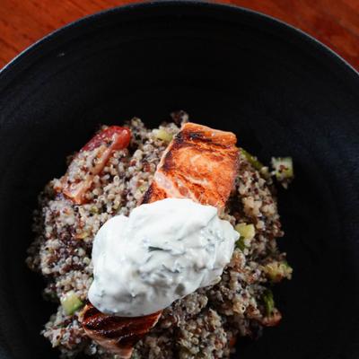 Quinoa Tabbouleh salad, red wine vinaigrette, cucumber, tomato, tzatziki