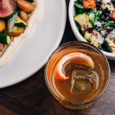 Grilled Flat Iron, Old Fashion Drink, Kale dish..