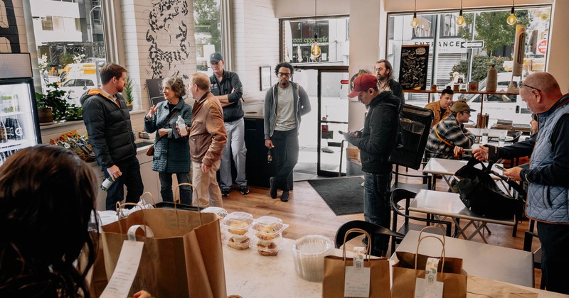 Pick up counter, view to restaurant interior