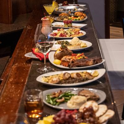 An assortment of lined up dishes.