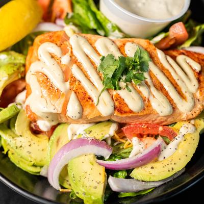 Salmon salad, close up.