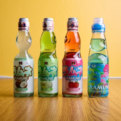 Colorful bottles of Korean sodas.