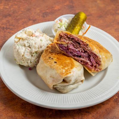 Corned beef wrap, and potato salad.