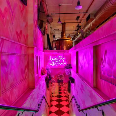 Staircase and neon lights.