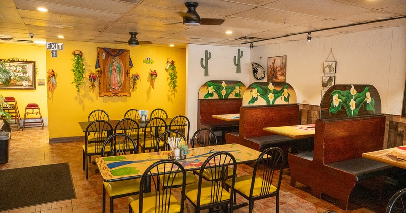 Cozy and spacious Mexican-style restaurant interior dining area