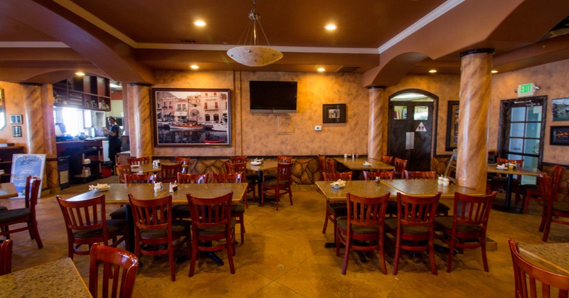 Interior, seating area, tables and chairs