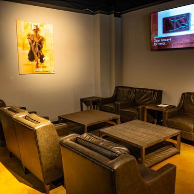 Interior, tables, chairs.