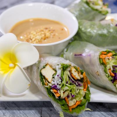 Spring rolls with tofu, vermicelli noodles, veggies, and peanut sauce.