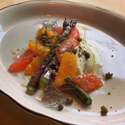 Salad with asparagus, fruits and  sauce