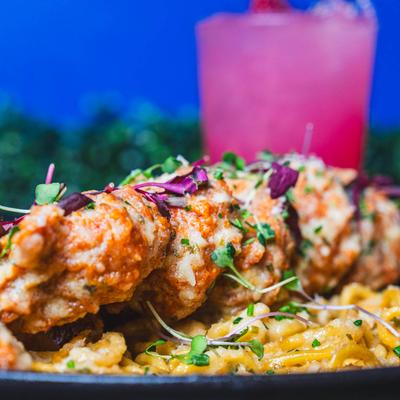 Served Garlic parm fried shrimp, closeup.