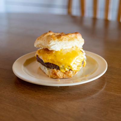 Sausage patty, egg and cheese biscuit