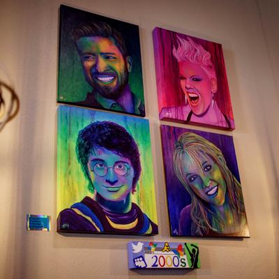 Interior, paintings with celebrities on the wall