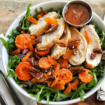 Quinoa, Chicken & Arugula Salad with spicy harissa vinaigrette.
