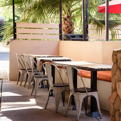 Outdoor patio, seating area.