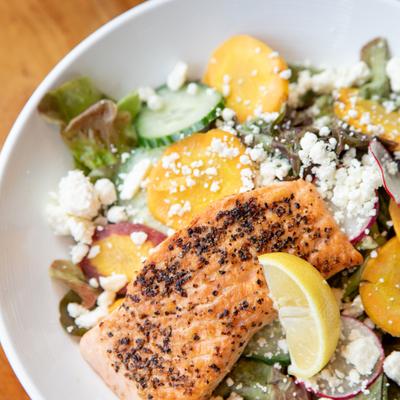 Bourbon Glazed Salmon Filet, with veggies.