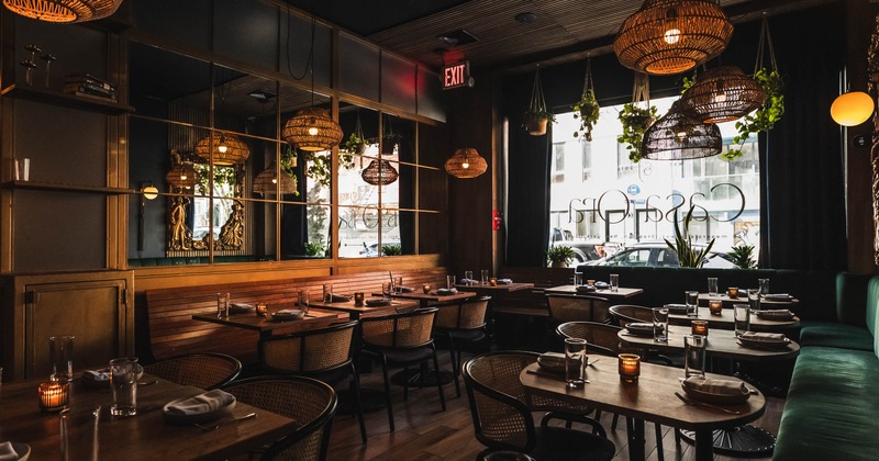 Interior, dining area, banquette benches with tables, seating for two and four