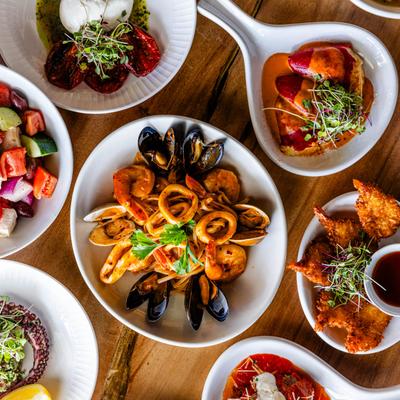 Served meals on the table, top view.