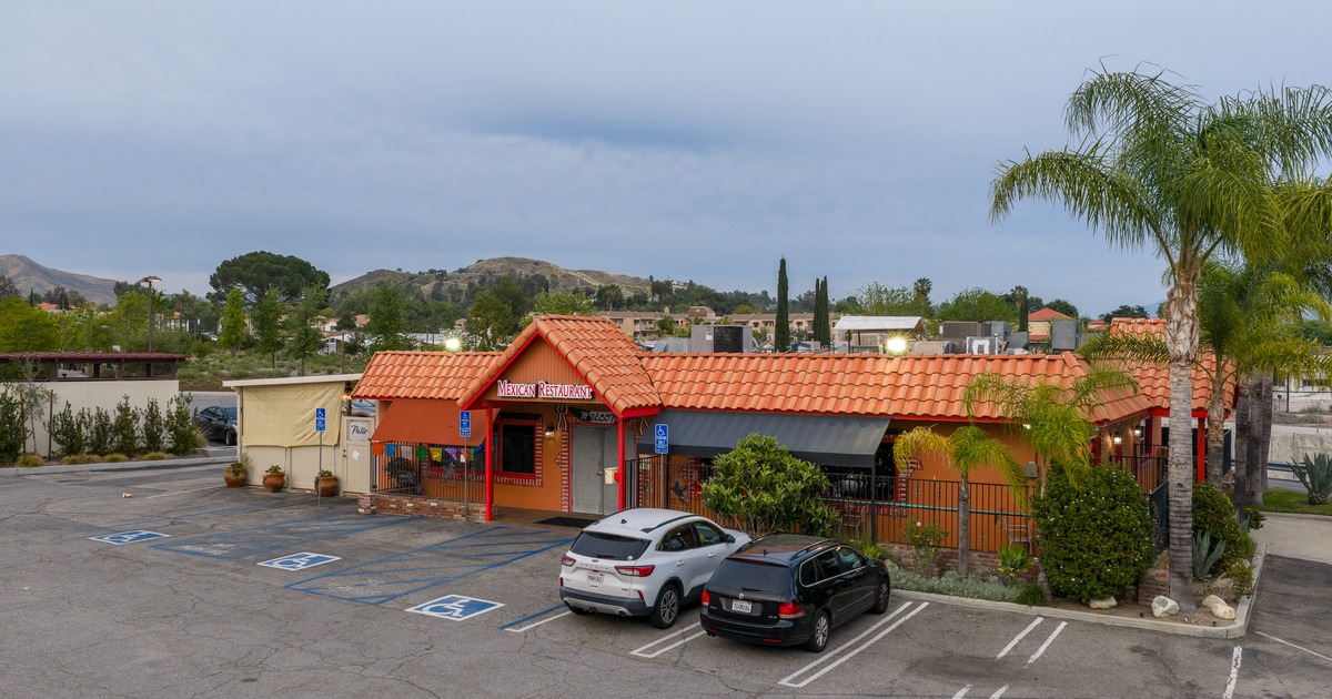 Exterior, aerial view to restaurant, parking lot