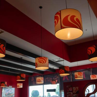 The lighting on the ceiling.