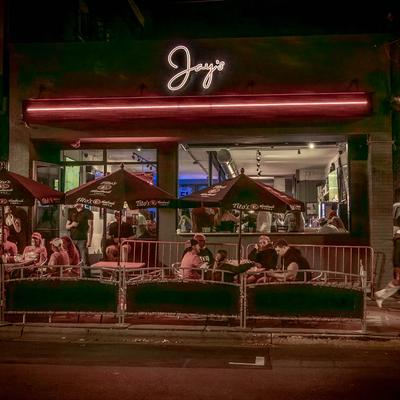 The venue's exterior at night.