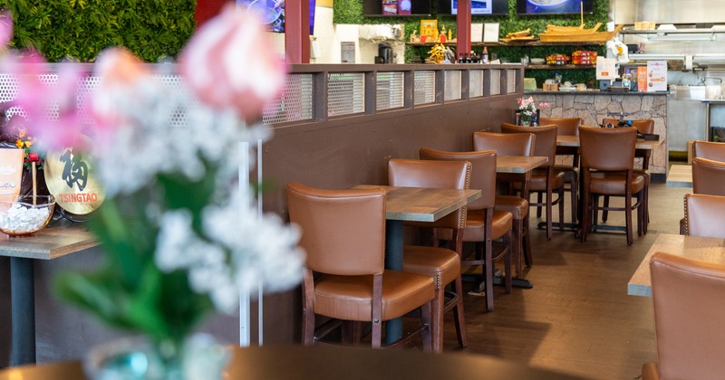 Interior, dining area, lined-up dining tables