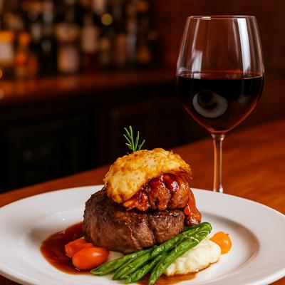 Steak topped with seafood, green beans, mashed potatoes, and red wine.