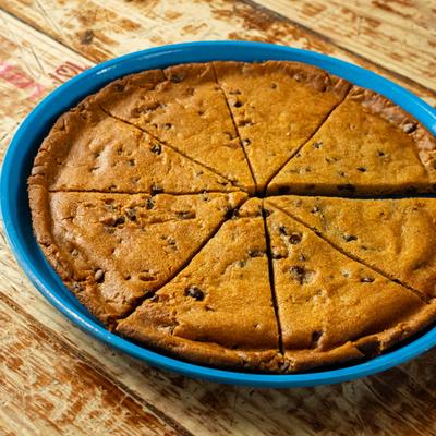 Chocolate Chip Pizza on a wooden table.