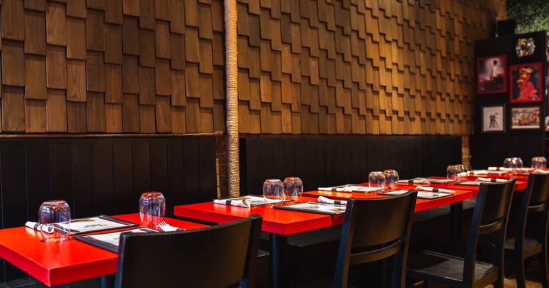 Interior, seating area and tables