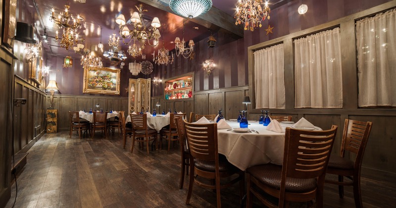 Interior, seating area with tables and tableware