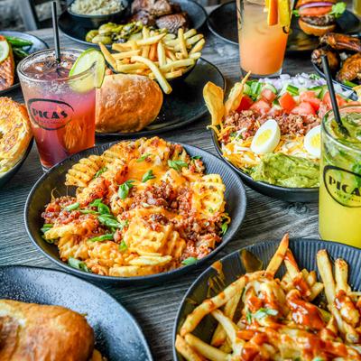 Assorted dishes and drinks.