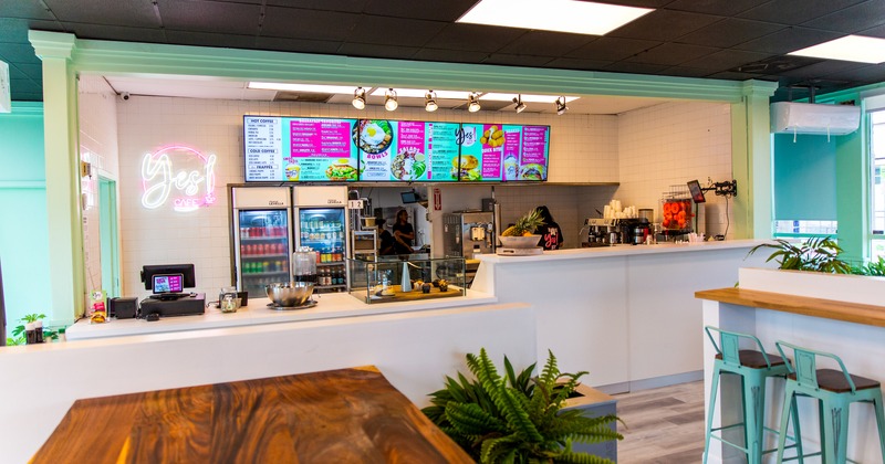 Interior, order counter and seating area in front