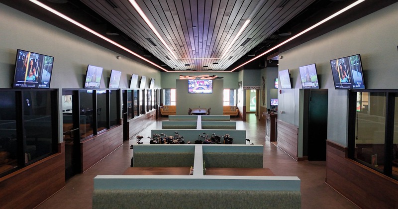 Interior, restaurant booths in seating area