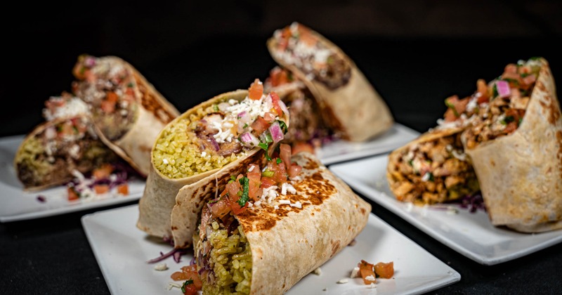 Plates with assorted burritos