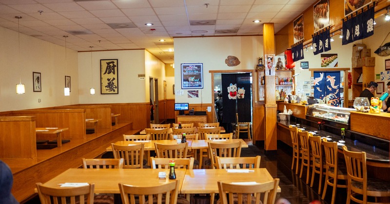 Interior, seating area with tables and chairs