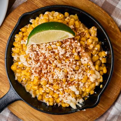 Top-down view of Mexican street corn.