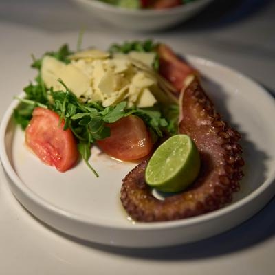 Grilled octopus tentacle served with a salad topped with shaved cheese.