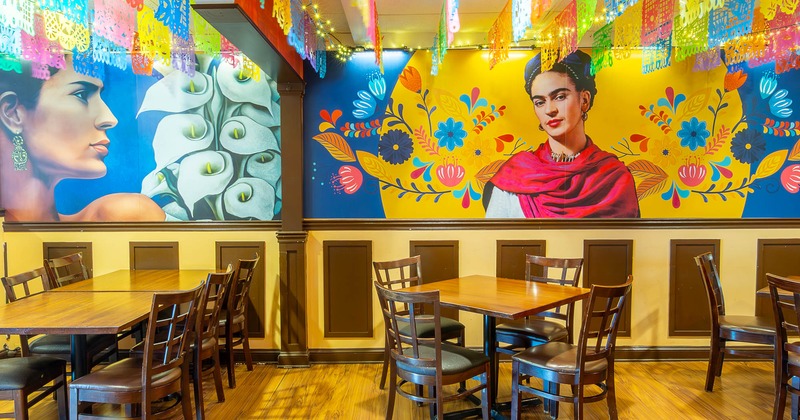 Interior seating area with chairs and tables