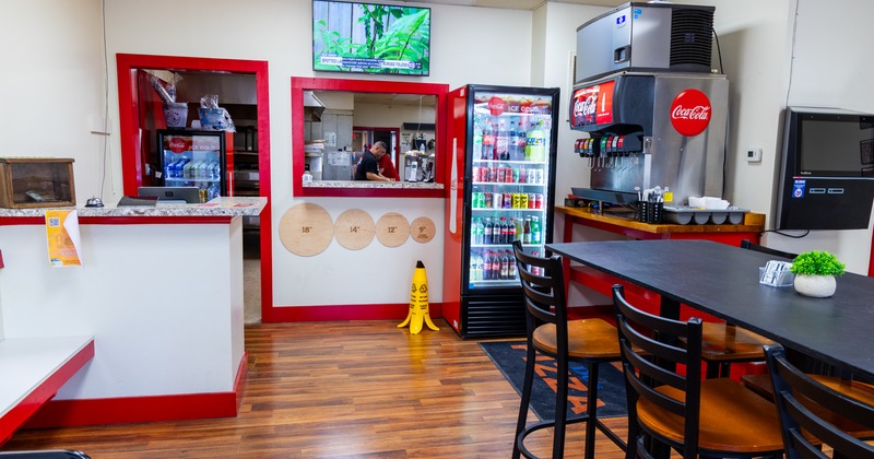 Food and drink counter, table. stools