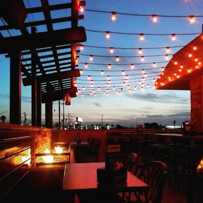 Exterior, restaurant at night, light decorations