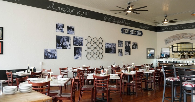 Inside, seating area with tables and chairs