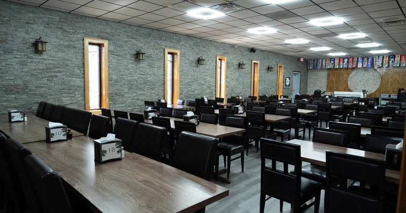 Interior seating area with chairs and tables