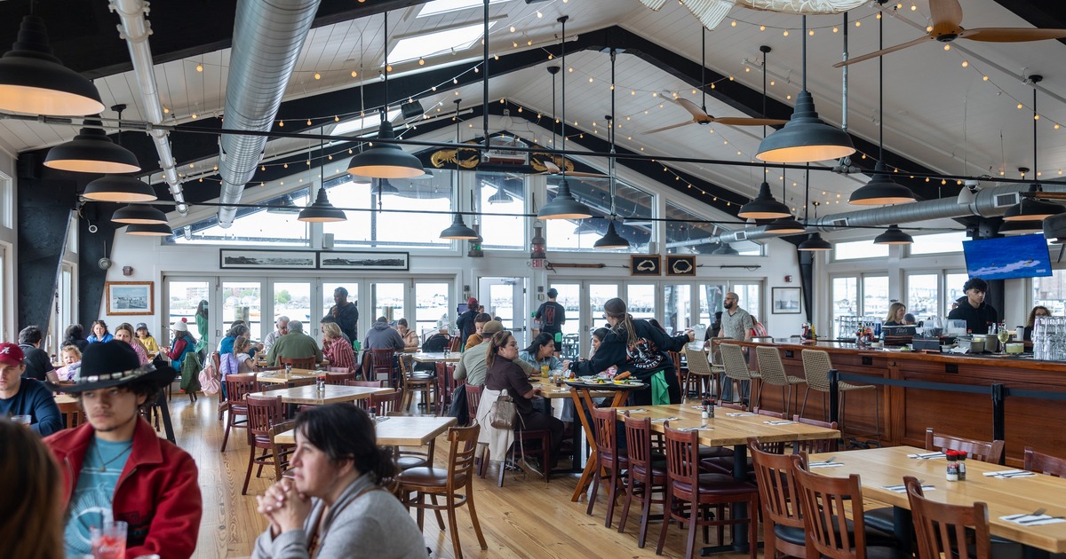 Interior, large dining area with industrial roof