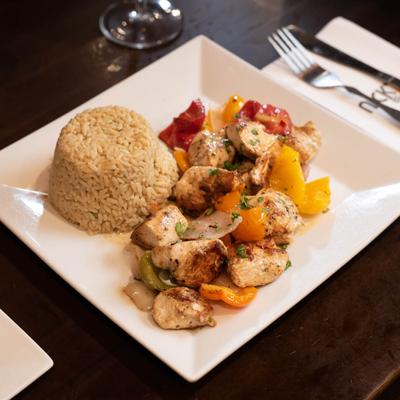 Chicken, vegetables and rice.
